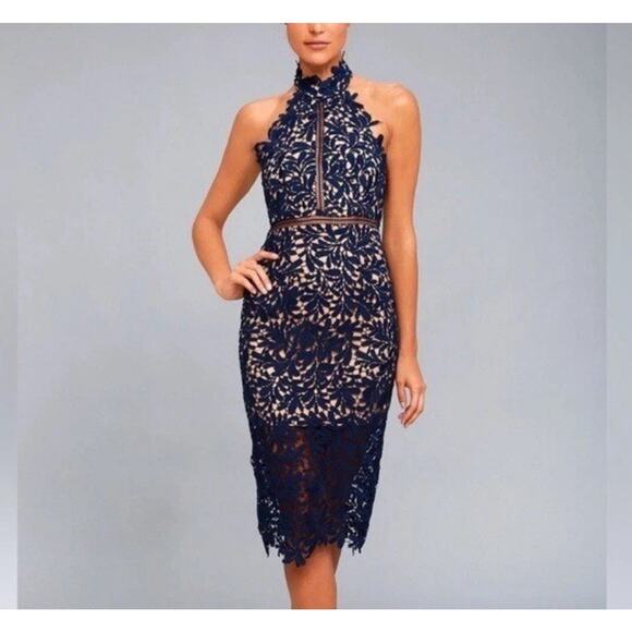 Lulus Divine Destiny Navy Blue Lace Midi Dress Halter Wedding Party NWT Medium - Picture 1 of 8